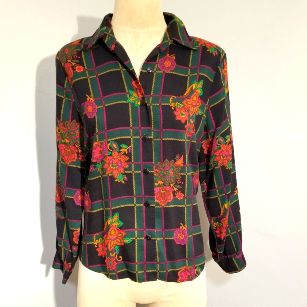 VINTAGE GIANNA BLOUSE PREPPY 80'S PLAID FLORAL PRINT BUTTON DOWN RETRO 9OS WORK